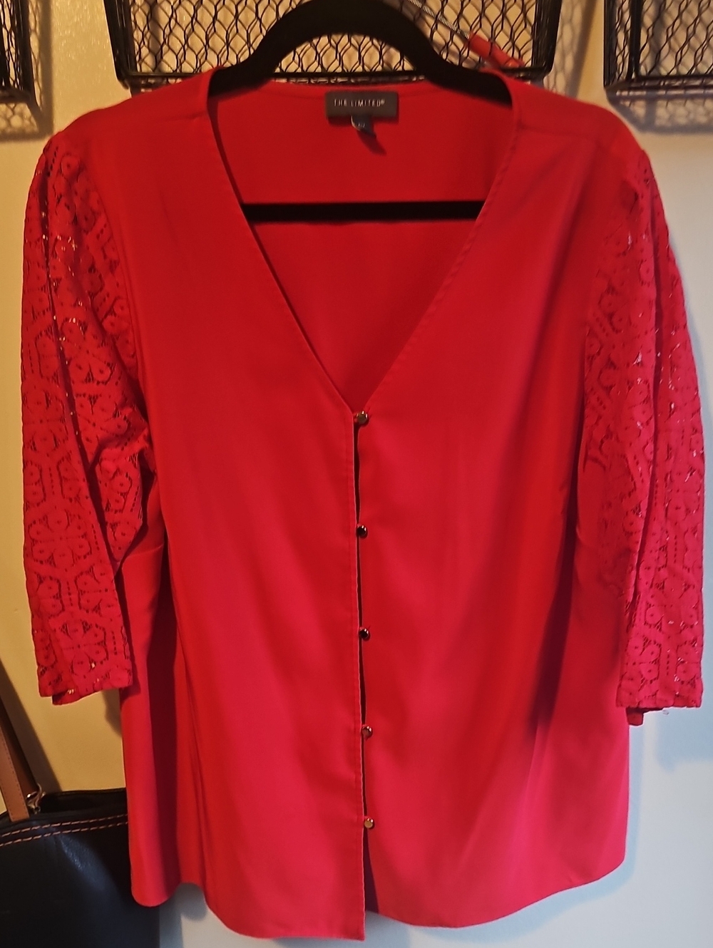 The Limited Red Button-Front Lace Sleeve Blouse